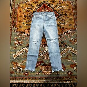 Gap True Skinny light wash distressed jeans, size 27